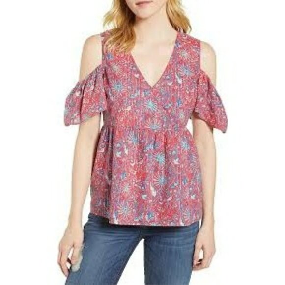 Lucky Brand Tops - Lucky Brand Womens Pink Cold Shoulder Printed Short Sleeve V Neck Top Size S